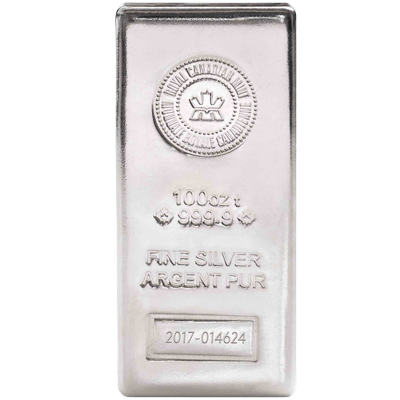 A picture of a 100 oz. Royal Canadian Mint Silver Bar